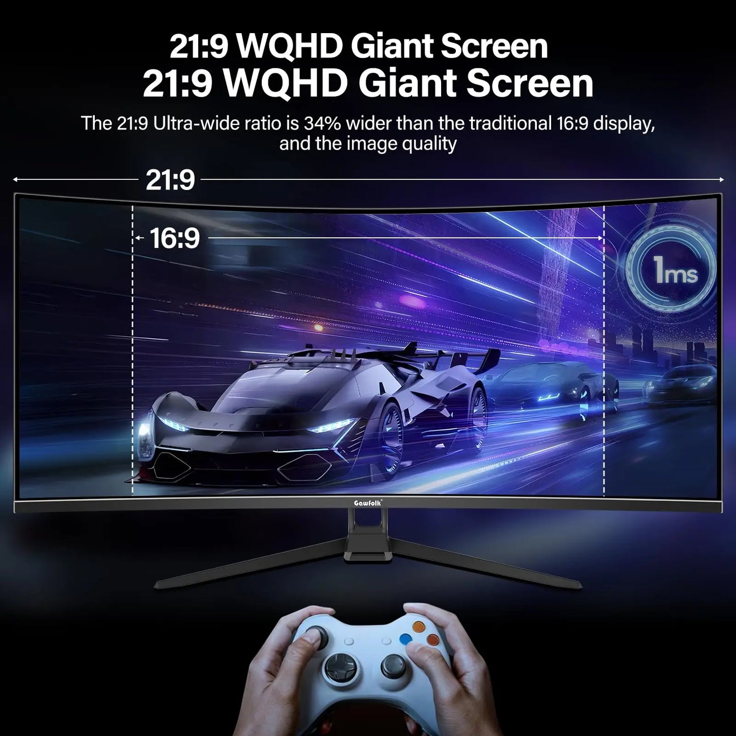 34" Curved Gaming Monitor, IPS WQHD(3440x1440P) 165Hz 1500R 21:9 UltraWide PC Display, 128% sRGB, AMD FreeSync, Blue Light Filte