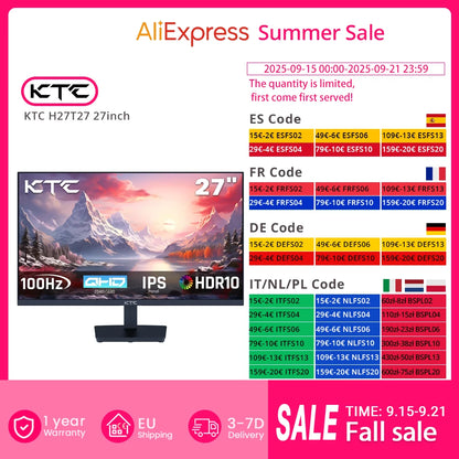 KTC H27T27 Gaming Monitor, 27" 2560x1440 IPS Screen, 100Hz Refresh Rate, HDR10 1ms Response Time,  Low Blue Light & Flicker-Free