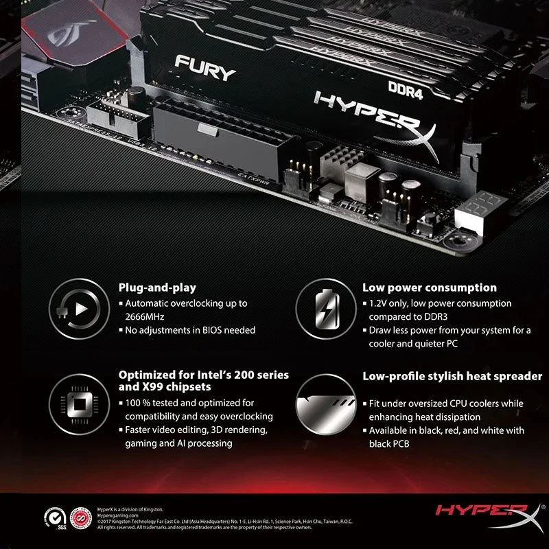 original HyperX Fury 8GB 16GB 32GB DDR4 3600MHz 3200MHz 2666MHz 2400MHz 2133MHz DRAM CL18 CL16 1.35V DIMM 288pin