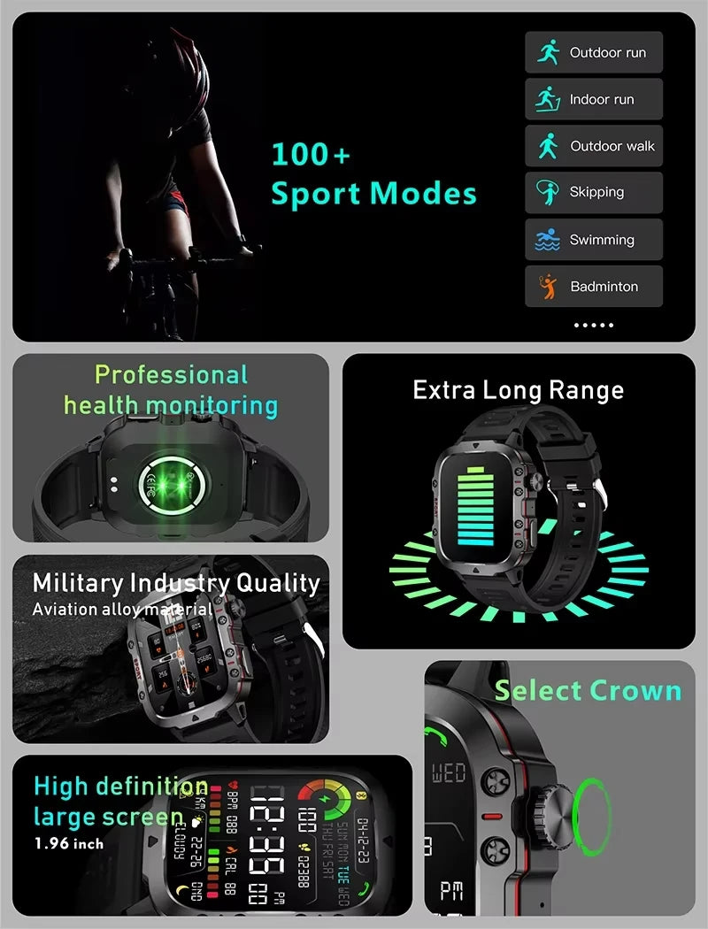 LAXASFIT 2025 Rugged Military Smart Watch Men's Outdoor Watch 2.01" HD Touch Screen Voice Bluetooth Call Smartwatch