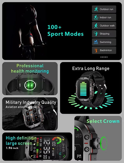 LAXASFIT 2025 Rugged Military Smart Watch Men's Outdoor Watch 2.01" HD Touch Screen Voice Bluetooth Call Smartwatch