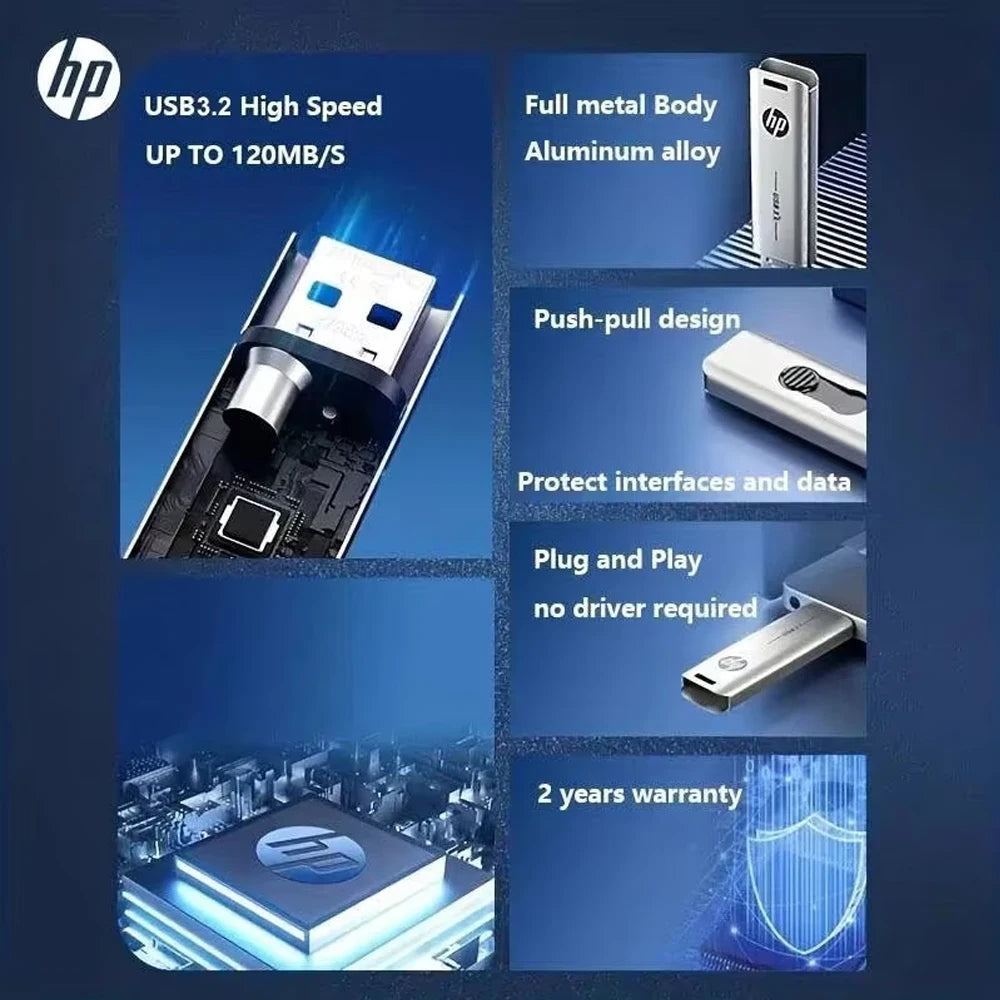 HP 32GB Flash Drive USB3.2 Disk 64GB 128GB 256GB High Speed External Storage Metal Pen Drive USB Sticks for PC Desktop