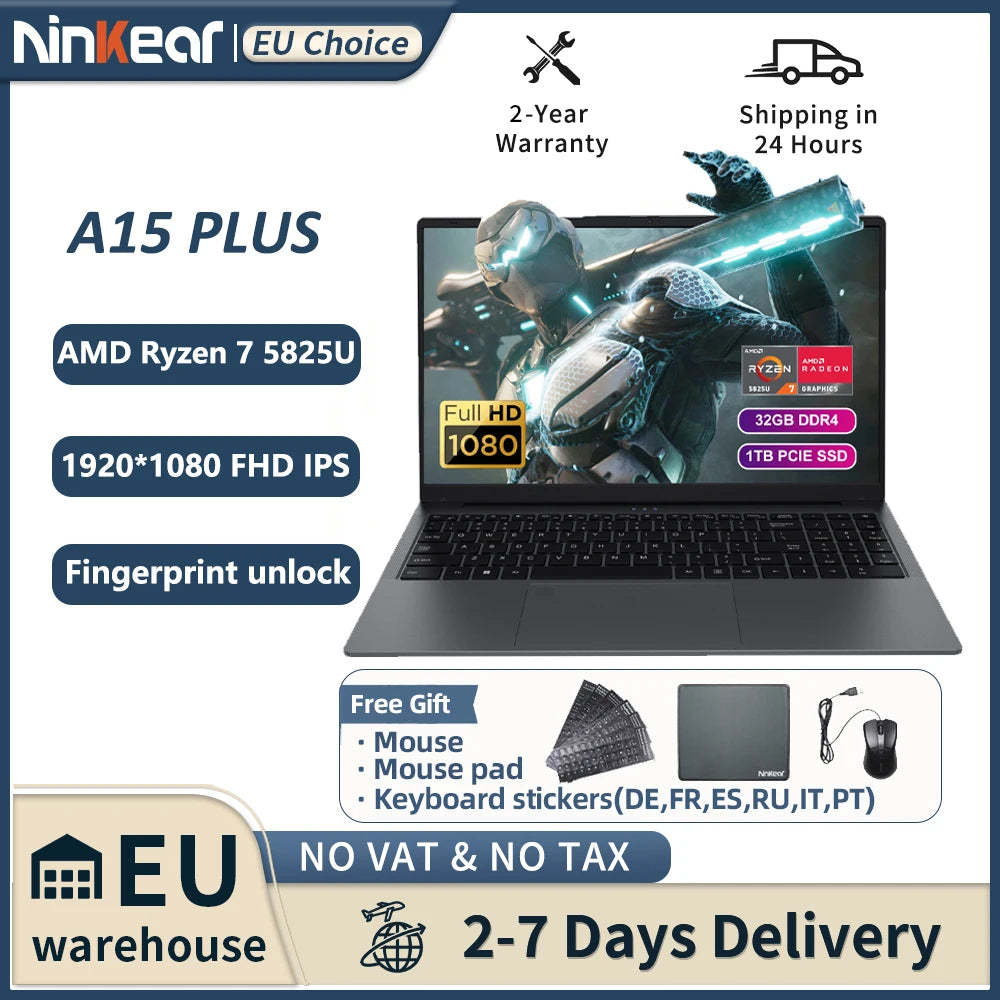 Ninkear A15 PLUS Laptop 15.6" IPS FHD AMD Ryzen 7 5825U Notebook 32G DDR4 3200Mhz+1TB PCI-E 57Wh Battery Windows 11 PRO Computer