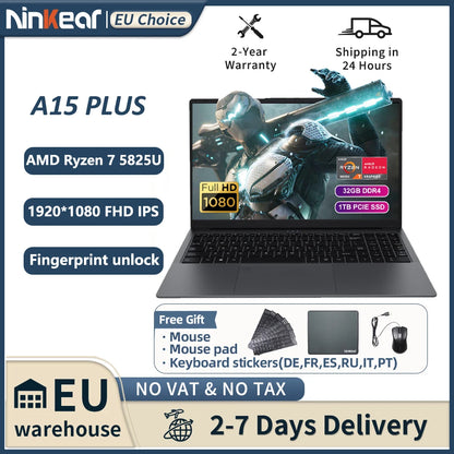 Ninkear A15 PLUS Laptop 15.6" IPS FHD AMD Ryzen 7 5825U Notebook 32G DDR4 3200Mhz+1TB PCI-E 57Wh Battery Windows 11 PRO Computer